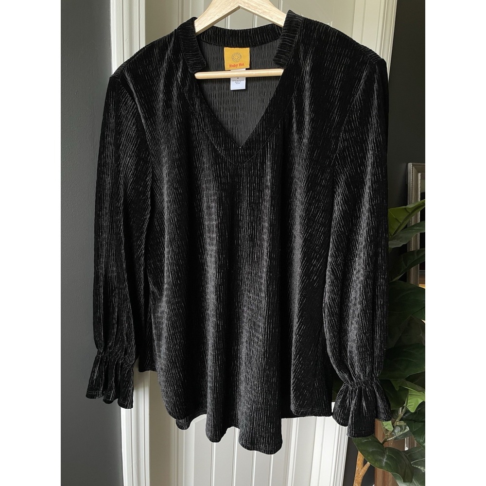 Ruby Rd. Black Velvet V-Neck Pullover Top Long Sleeve Bow Cuffs Women's M